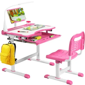 COSTWAY Kinderschreibtisch höhenverstellbar, Jugendschreibtisch mit Stuhl & Bücherständer, Kinderarbeitstisch für Lesen, Schreiben & Malen